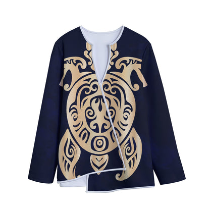 Golden Tribal Sea Turtle Print Long Sleeve Short Coat