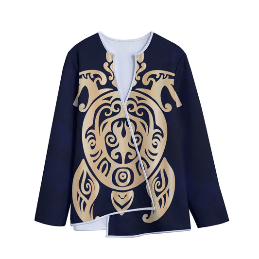 Golden Tribal Sea Turtle Print Long Sleeve Short Coat
