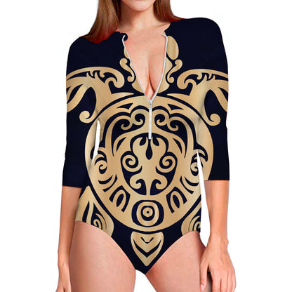 Golden Tribal Sea Turtle Print Long Sleeve Swimsuit