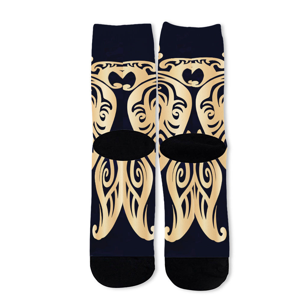 Golden Tribal Sea Turtle Print Long Socks