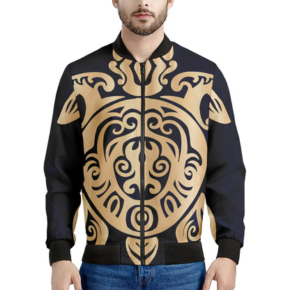 Golden Tribal Sea Turtle Print Men's Bomber Jacket