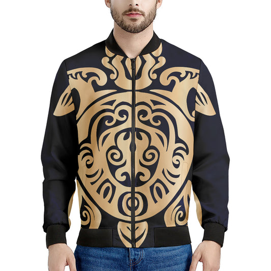 Golden Tribal Sea Turtle Print Men's Bomber Jacket