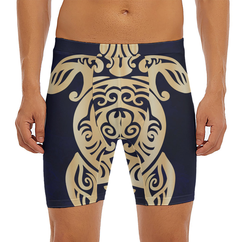 Golden Tribal Sea Turtle Print Men's Long Boxer Briefs