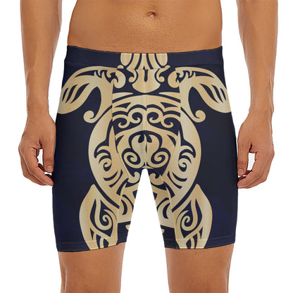 Golden Tribal Sea Turtle Print Men's Long Boxer Briefs