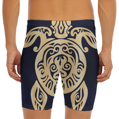 Golden Tribal Sea Turtle Print Men's Long Boxer Briefs