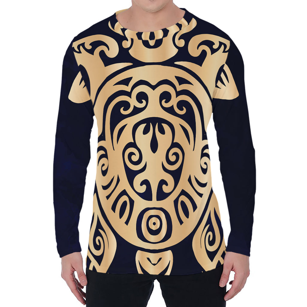 Golden Tribal Sea Turtle Print Men's Long Sleeve T-Shirt