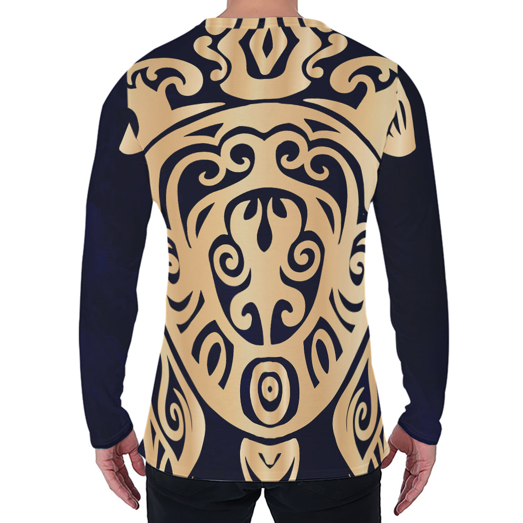 Golden Tribal Sea Turtle Print Men's Long Sleeve T-Shirt