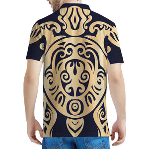 Golden Tribal Sea Turtle Print Men's Polo Shirt