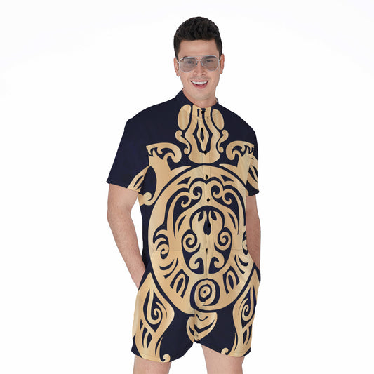 Golden Tribal Sea Turtle Print Men's Rompers