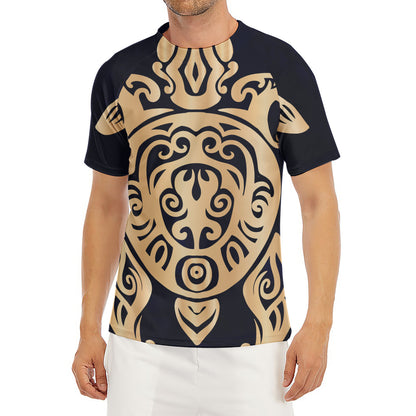 Golden Tribal Sea Turtle Print Men's Short Sleeve Rash Guard