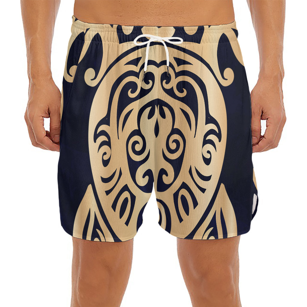 Golden Tribal Sea Turtle Print Men's Split Running Shorts