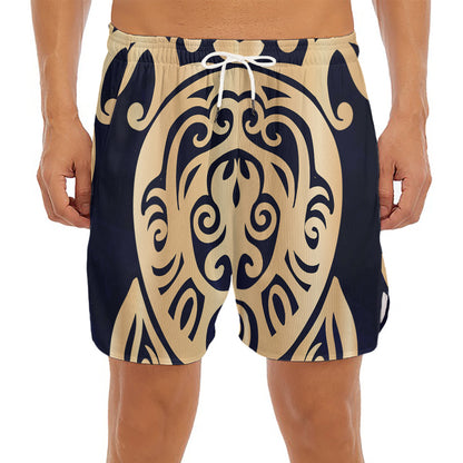 Golden Tribal Sea Turtle Print Men's Split Running Shorts