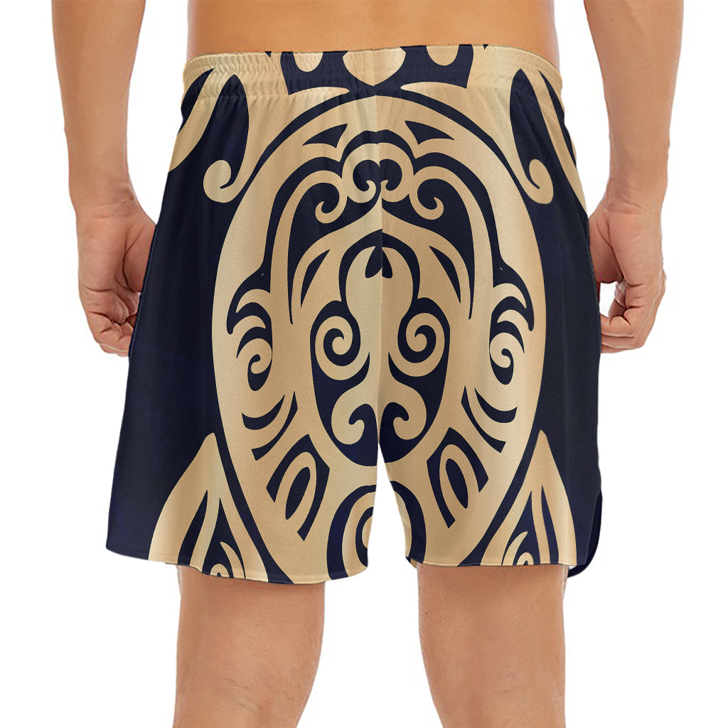 Golden Tribal Sea Turtle Print Men's Split Running Shorts