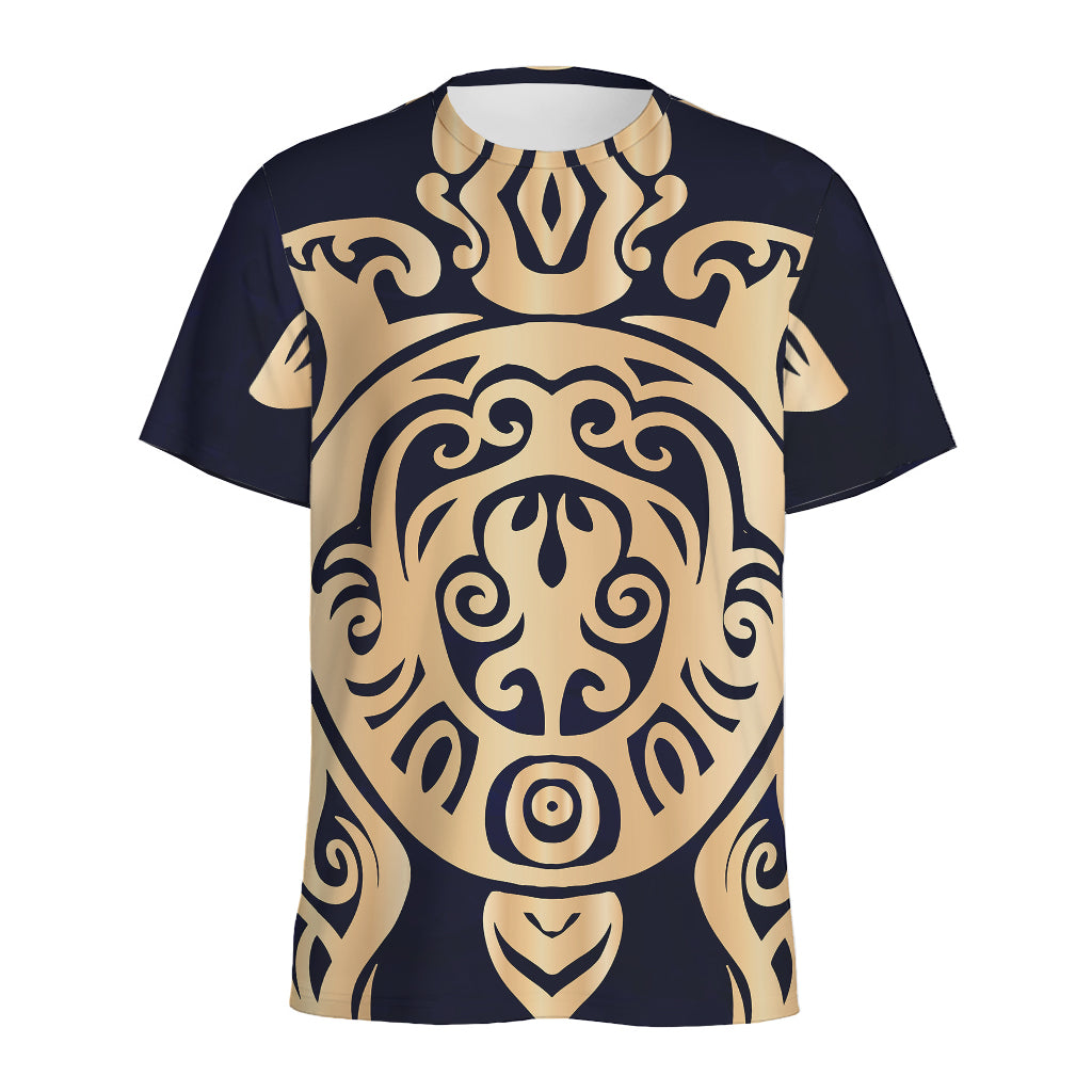 Golden Tribal Sea Turtle Print Men's Sports T-Shirt