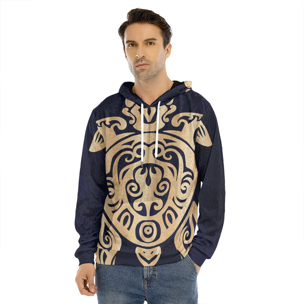 Golden Tribal Sea Turtle Print Men's Velvet Pullover Hoodie