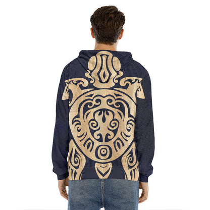 Golden Tribal Sea Turtle Print Men's Velvet Pullover Hoodie