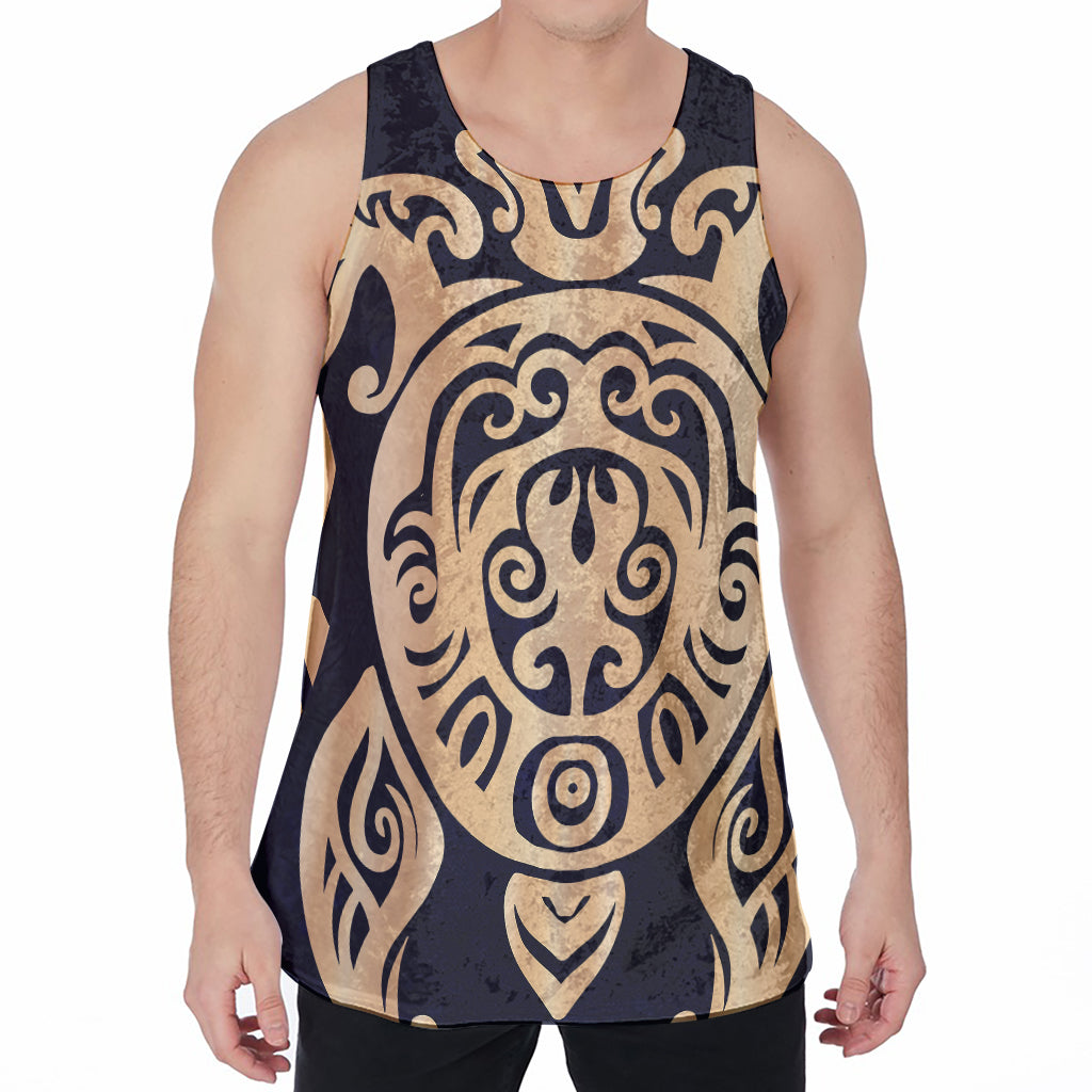 Golden Tribal Sea Turtle Print Men's Velvet Tank Top