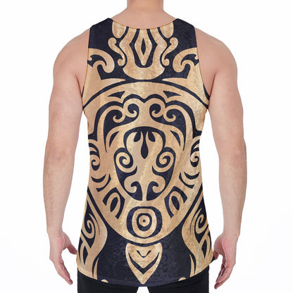 Golden Tribal Sea Turtle Print Men's Velvet Tank Top