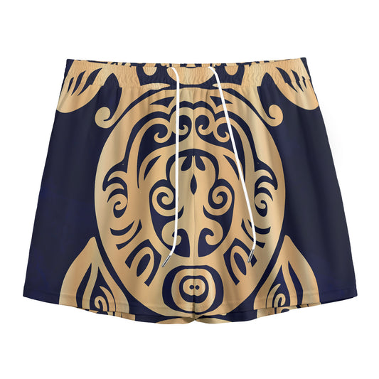 Golden Tribal Sea Turtle Print Mesh Shorts