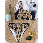 Golden Tribal Sea Turtle Print One Shoulder Bikini Top