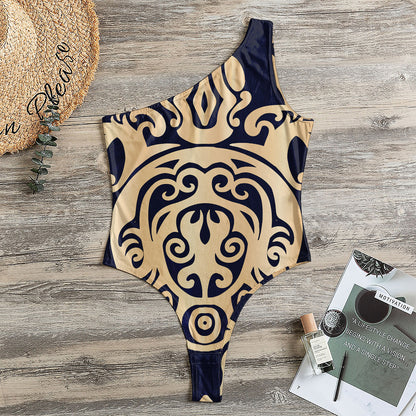 Golden Tribal Sea Turtle Print One Shoulder Bodysuit