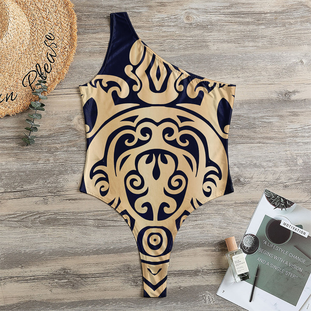 Golden Tribal Sea Turtle Print One Shoulder Bodysuit