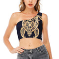Golden Tribal Sea Turtle Print One Shoulder Crop Top