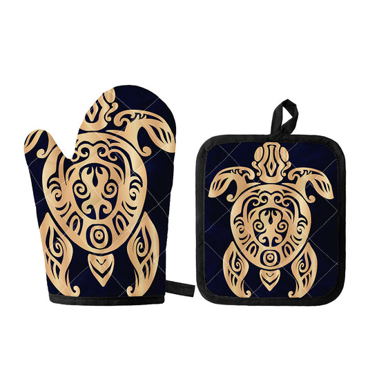 Golden Tribal Sea Turtle Print Oven Mitt And Pot Holder Set