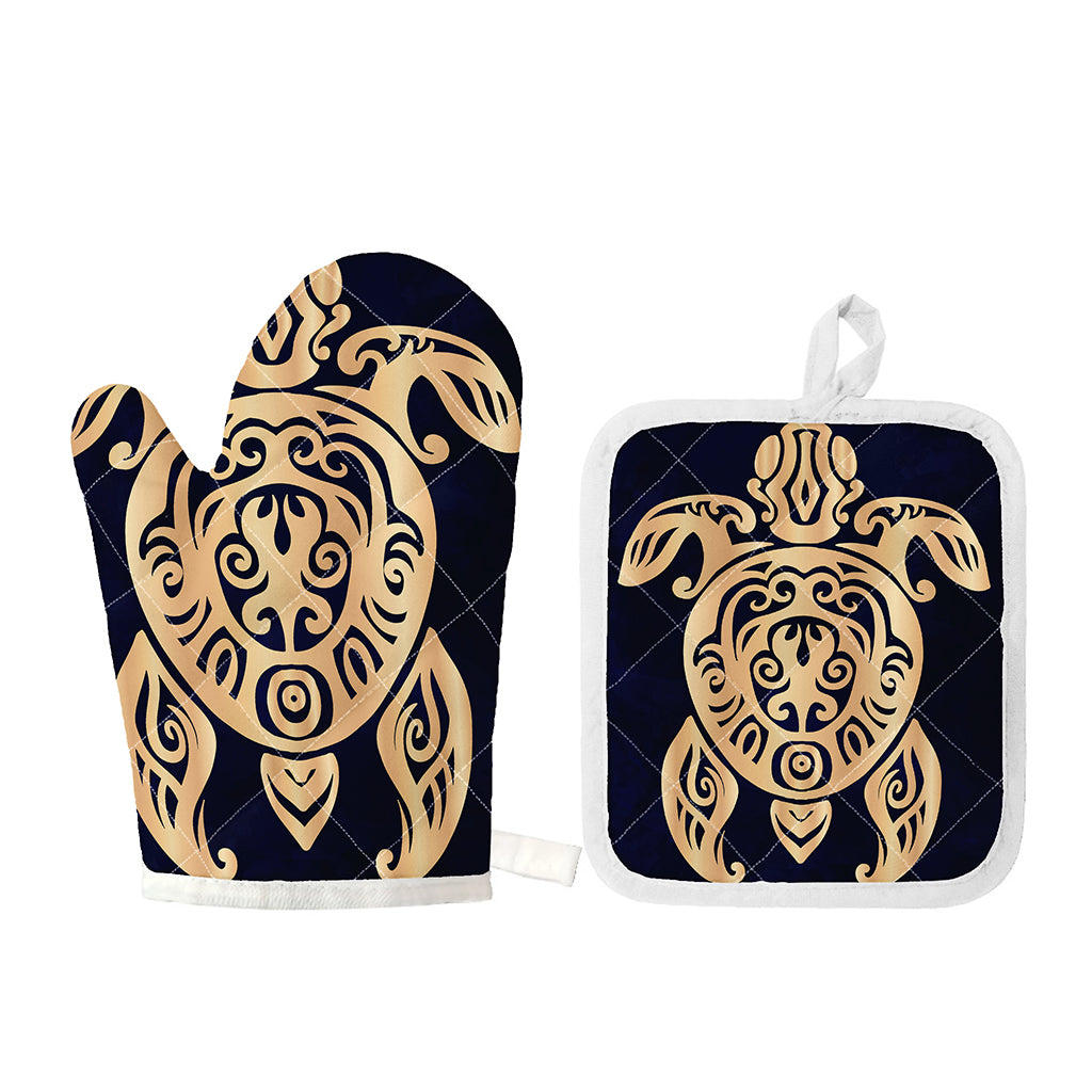 Golden Tribal Sea Turtle Print Oven Mitt And Pot Holder Set