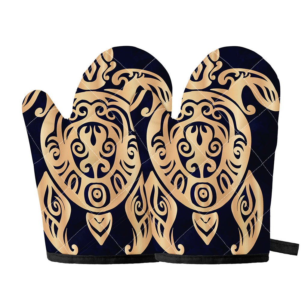 Golden Tribal Sea Turtle Print Oven Mitts