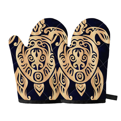 Golden Tribal Sea Turtle Print Oven Mitts