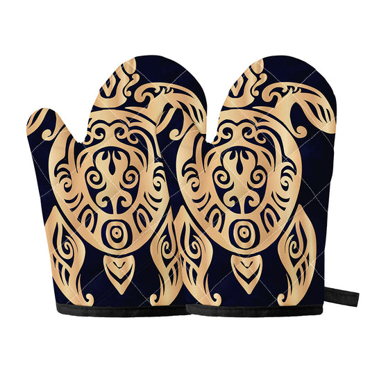 Golden Tribal Sea Turtle Print Oven Mitts