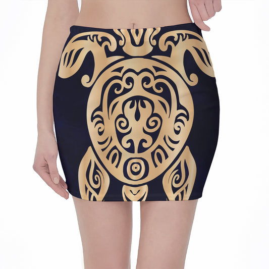 Golden Tribal Sea Turtle Print Pencil Mini Skirt