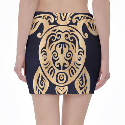 Golden Tribal Sea Turtle Print Pencil Mini Skirt