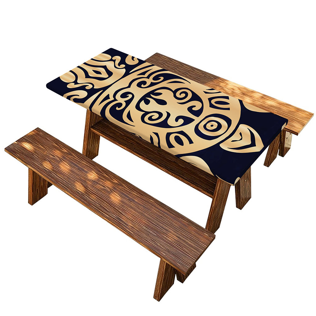 Golden Tribal Sea Turtle Print Picnic Table Cover