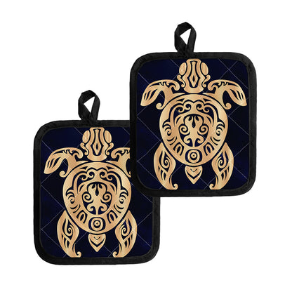Golden Tribal Sea Turtle Print Pot Holders