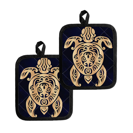 Golden Tribal Sea Turtle Print Pot Holders