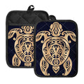 Golden Tribal Sea Turtle Print Pot Holders With Pocket