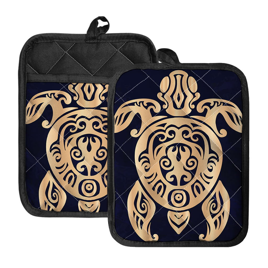 Golden Tribal Sea Turtle Print Pot Holders With Pocket