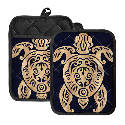 Golden Tribal Sea Turtle Print Pot Holders With Pocket
