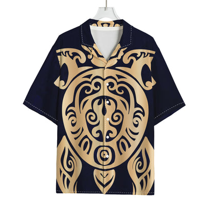 Golden Tribal Sea Turtle Print Rayon Hawaiian Shirt