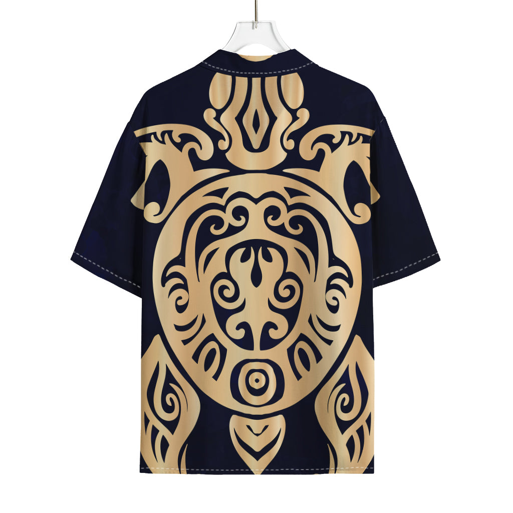 Golden Tribal Sea Turtle Print Rayon Hawaiian Shirt