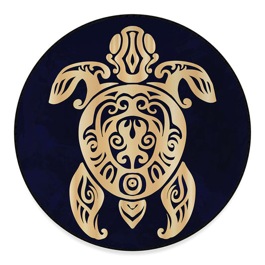 Golden Tribal Sea Turtle Print Round Floor Mat