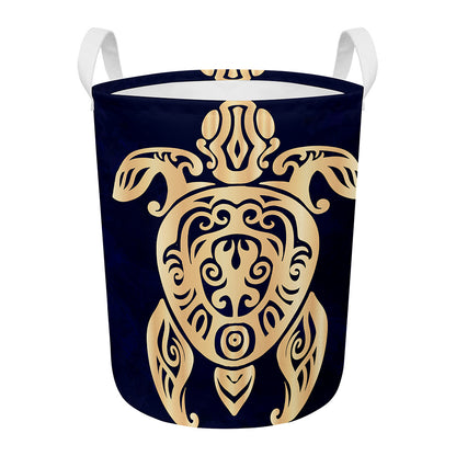 Golden Tribal Sea Turtle Print Round Laundry Basket