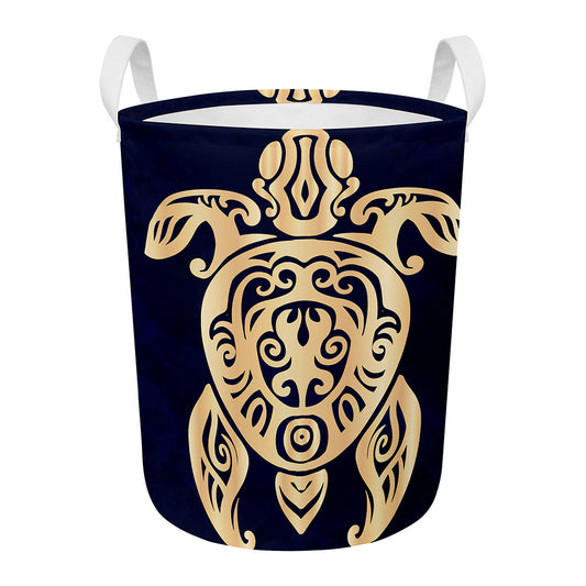Golden Tribal Sea Turtle Print Round Laundry Basket