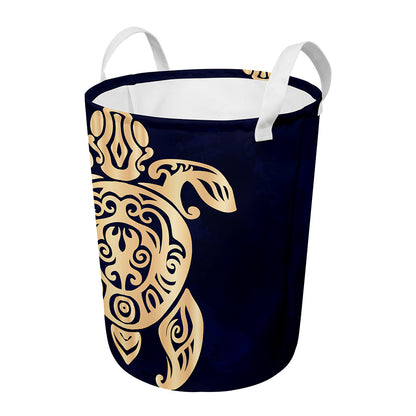Golden Tribal Sea Turtle Print Round Laundry Basket