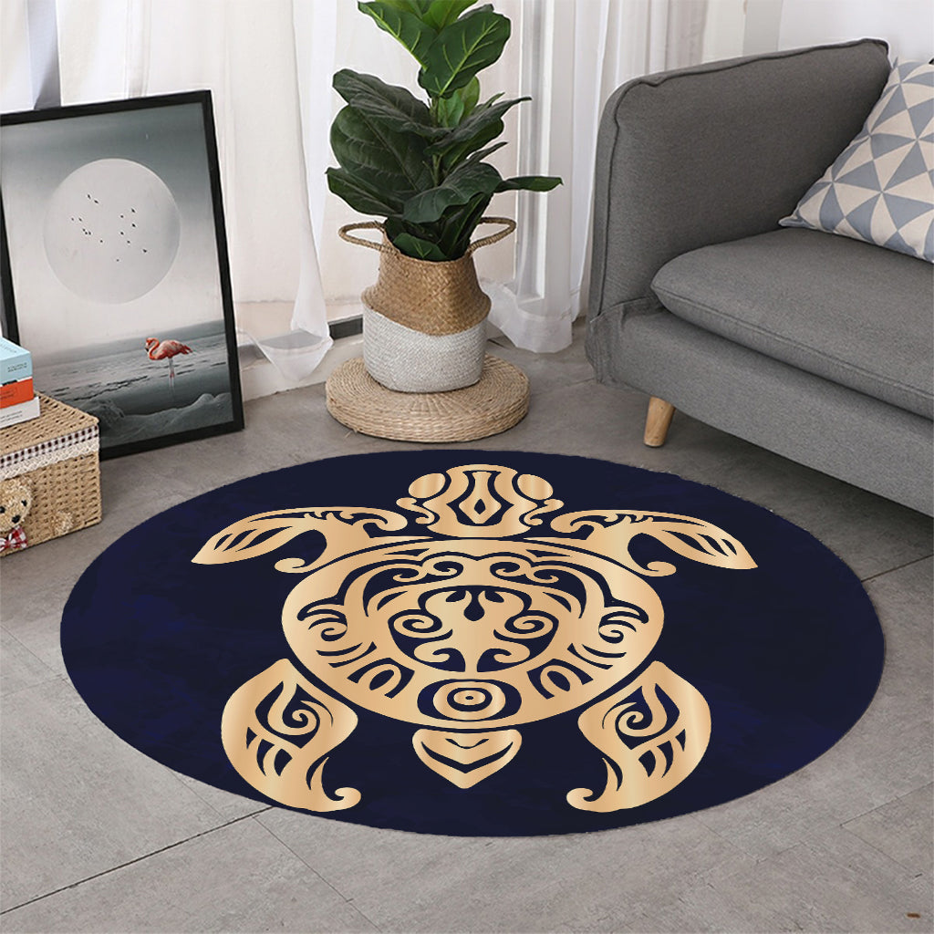 Golden Tribal Sea Turtle Print Round Rug