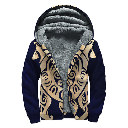 Golden Tribal Sea Turtle Print Sherpa Lined Zip Up Hoodie