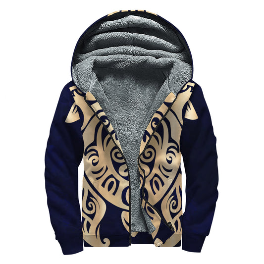 Golden Tribal Sea Turtle Print Sherpa Lined Zip Up Hoodie