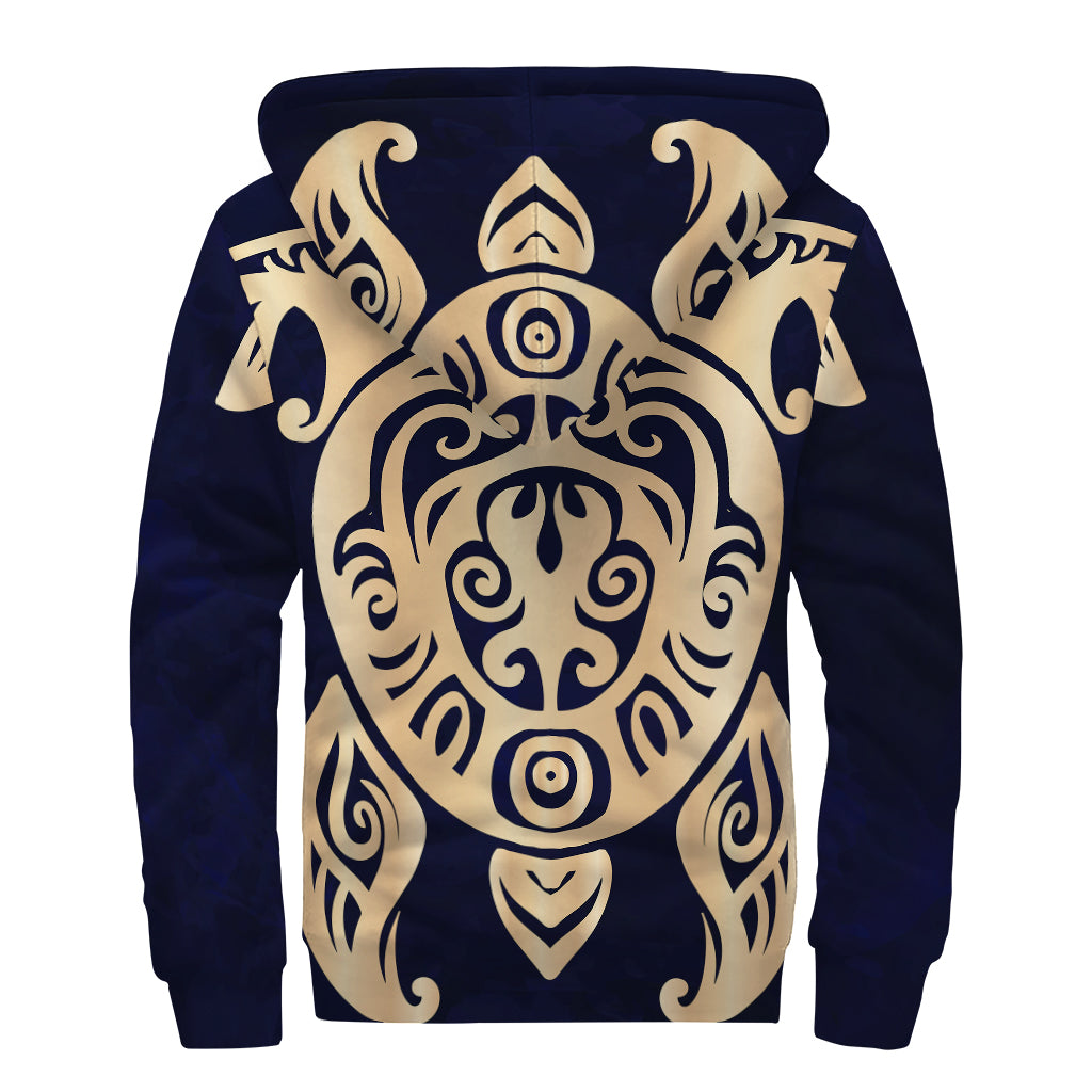 Golden Tribal Sea Turtle Print Sherpa Lined Zip Up Hoodie